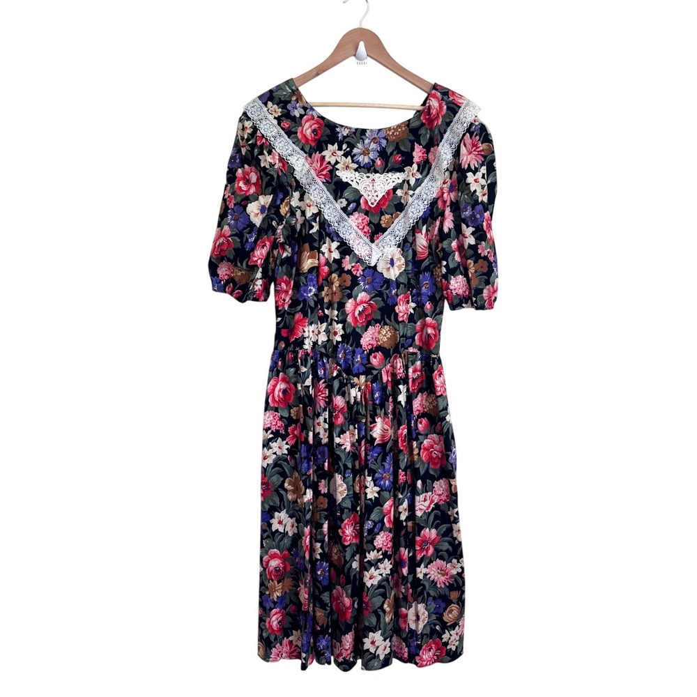 Glenfrey Vintage 80s Cottagecore Basque Waist Midi Dress Size 18 Floral Modest - Picture 4 of 11